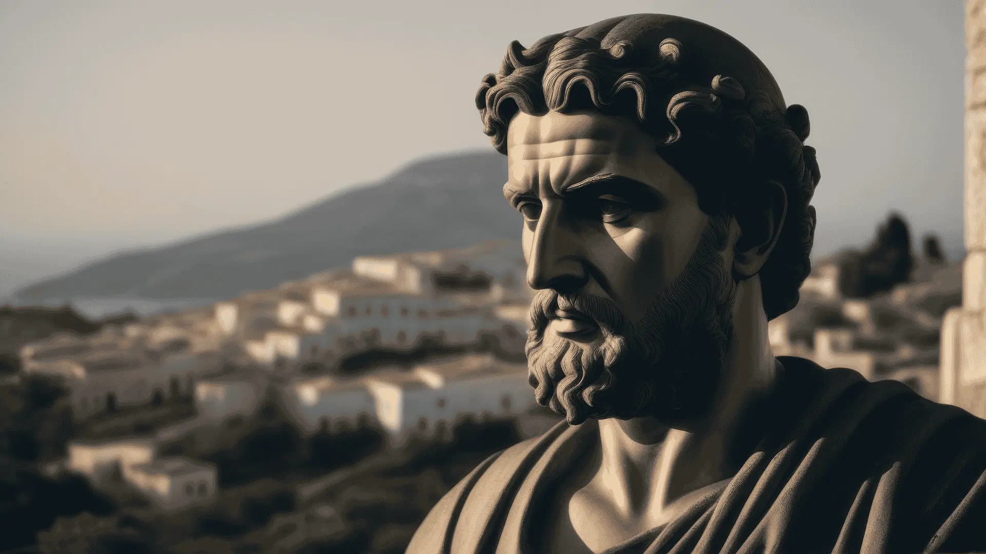 A classical-style bronze statue of a bearded philosopher with curly hair, gazing thoughtfully into the distance, set against a blurred background of a Mediterranean hillside town with white buildings and a distant sea.